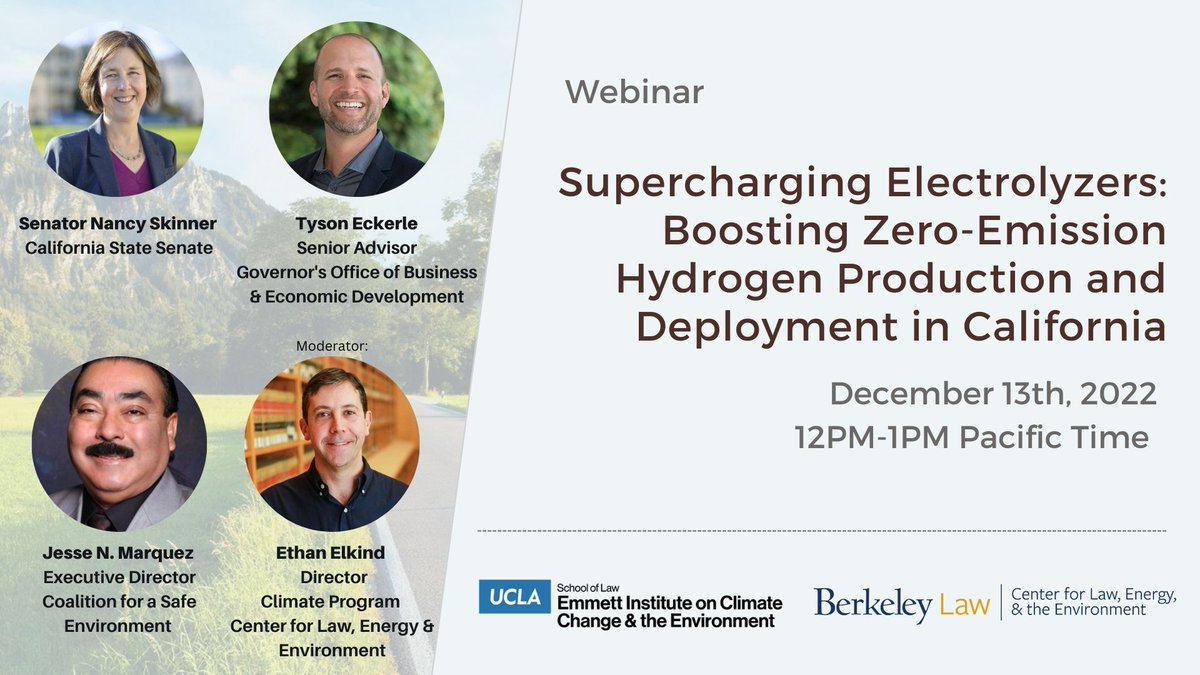 🚨 NEW REPORT from CLEE &amp; <a href="/UCLALawEmmett/">UCLA Emmett Institute</a>: Supercharging Electrolyzers. 

Join us on Tuesday, December 13 at noon to learn how CA can boost zero-emission hydrogen production.  

⚡ Supercharging Electrolyzers Report: lnkd.in/g_7aHw_Q
Webinar: lnkd.in/gtsAxK5p
