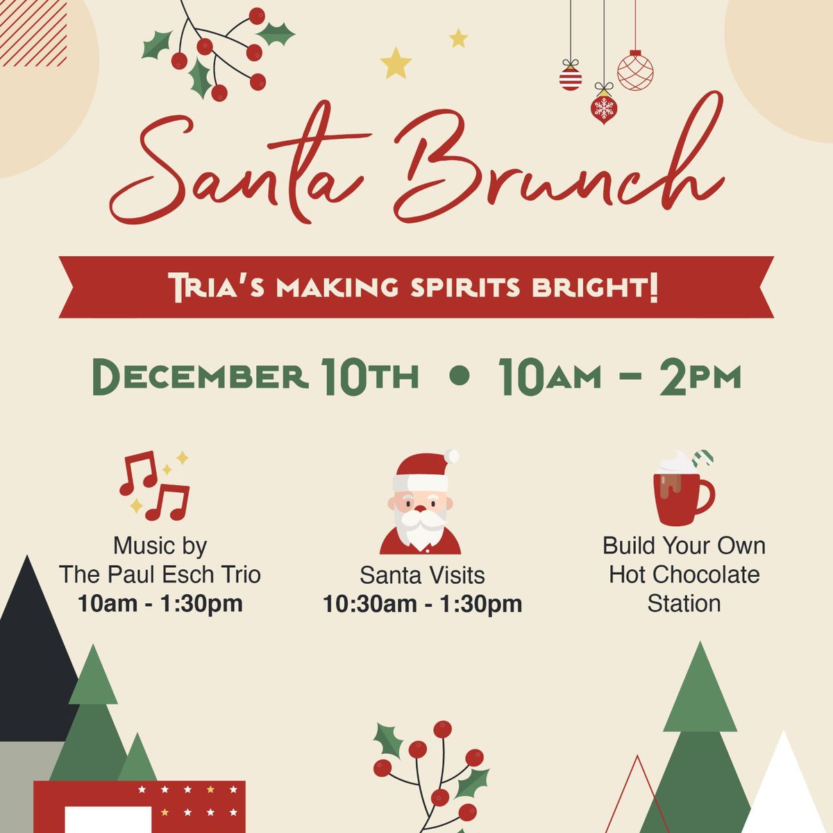 TriaRestaurant's tweet photo. Tria is making spirits bright this year! Join us on December 10th from 10am - 2pm for our Santa Brunch with live music, Santa visits, and much more! 

Reservations can be made online or by calling Tria at 651.426.9222.
https://t.co/tONdPoYLBc https://t.co/xAXpRhOH7a