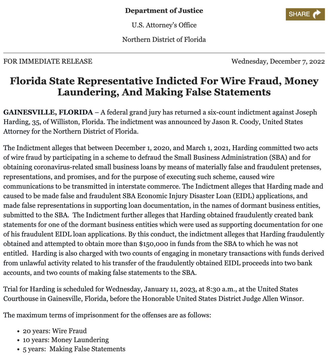 NEW: Florida State Representative Joseph Harding, the Republican who introduced the 'Don't Say Gay' bill, has been criminally indicted by the Justice Department for wire fraud, money laundering, and making false statements.