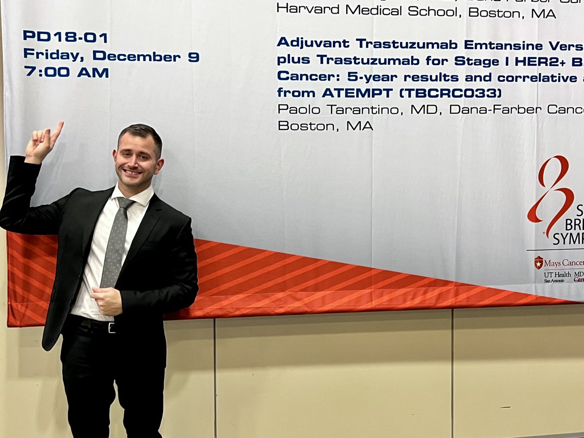 PTarantinoMD's tweet photo. Huge thanks to @SABCSSanAntonio and @AACR for granting me a Travel Award for our abstract on the 5-year outcomes and correlative analyses from #ATEMPT (PI: @stolaney1). Don’t miss the Spotlight Discussion session on Friday, with many important presentations in the HER2+ space! https://t.co/d9trlkc3bT
