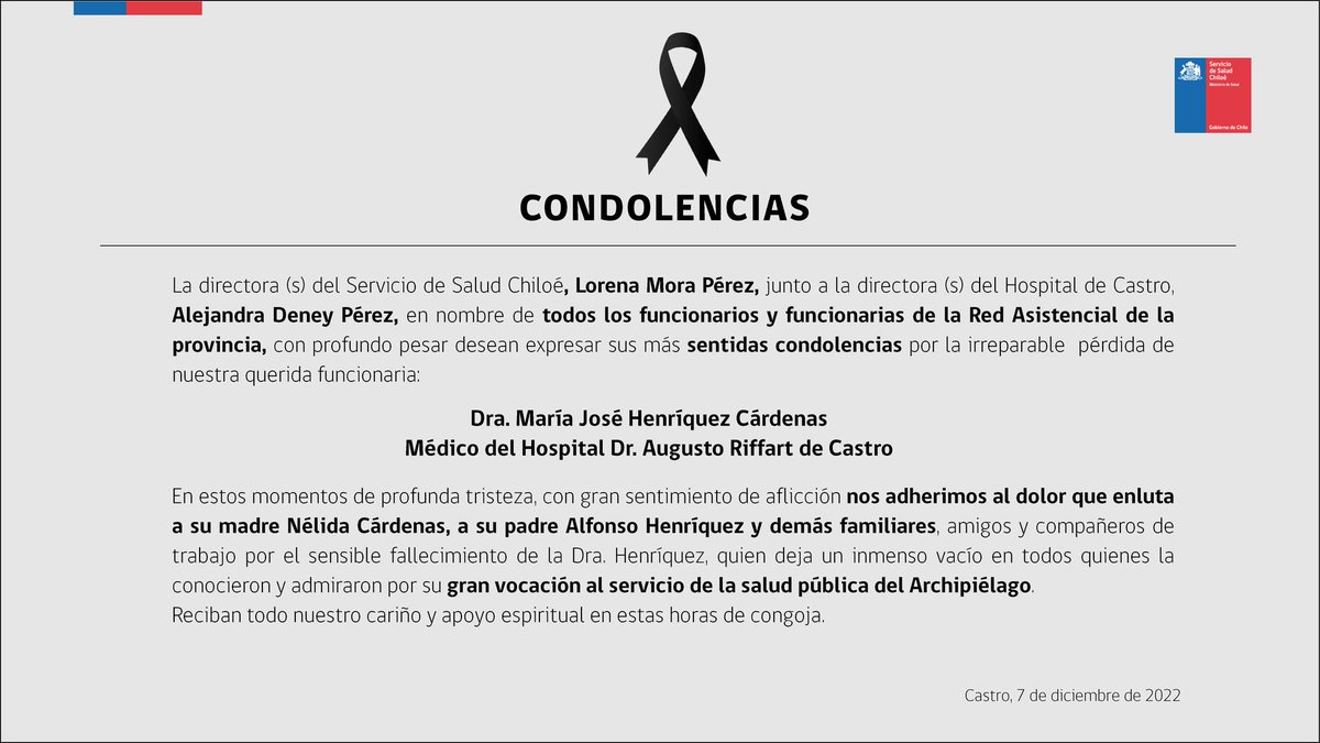 hospital_castro's tweet photo. Con profundo pesar nos adherimos al dolor que enluta a familiares, amigos y compañeros de trabajo de la Dra. María José Henríquez, médico del @hospital_castro, ante su inesperada partida.
Agradecemos su gran compromiso y entrega al servicio de la salud pública de Chiloé. https://t.co/aAZGqrQGBl