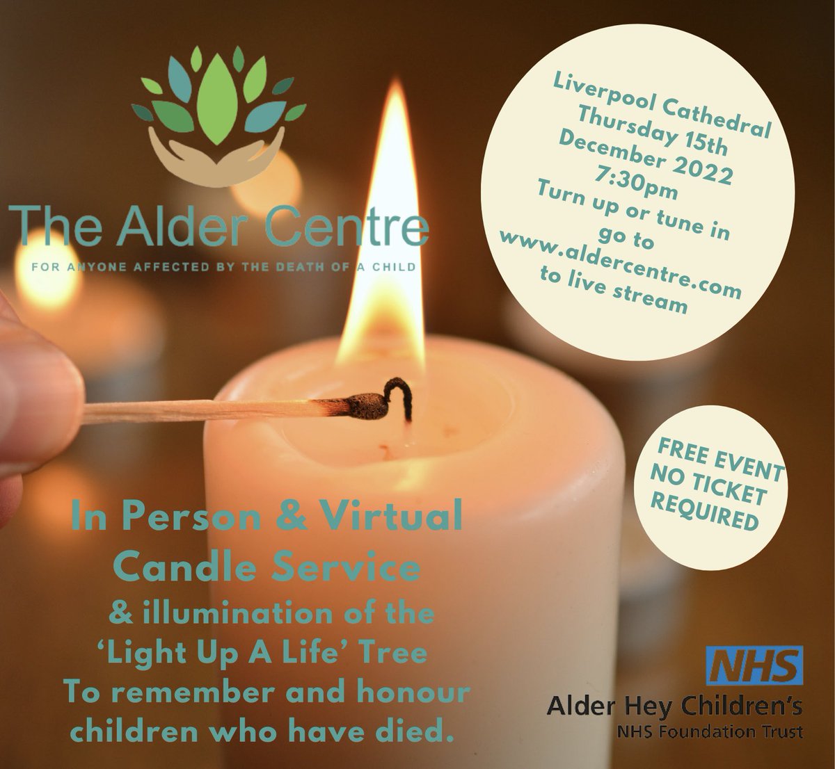 AlderCentre's tweet photo. One week until our annual remembrance #CandleService @LivCathedral to remember children who have died. The event is in person & live streamed on Thursday 15th December 7:30pm. No tickets required https://t.co/9Ywd50i4L3. To register a child��s name https://t.co/6uZxSTopq7 https://t.co/MRb6awYxF0