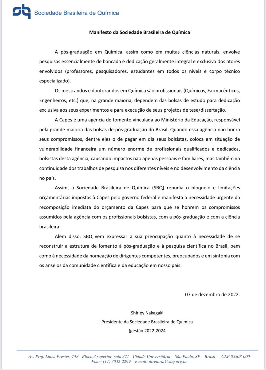 sbquimica's tweet photo. Manifesto da Sociedade Brasileira de Química https://t.co/FjTsVebRWR