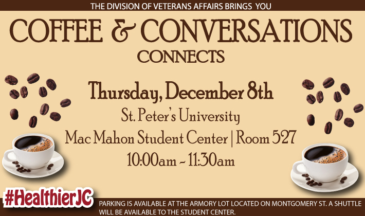 HealthierJC's tweet photo. Please join us on Thursday, Dec 8th, for our Coffee & Conversations Connects. Let's share our questions, concerns, & ideas for future Veterans services & events for 2023 while celebrating the Holidays over some coffee & appetizers #JCvets #Veterans #HealthierJC @JerseyCity @ulohc https://t.co/PggHJfF38x