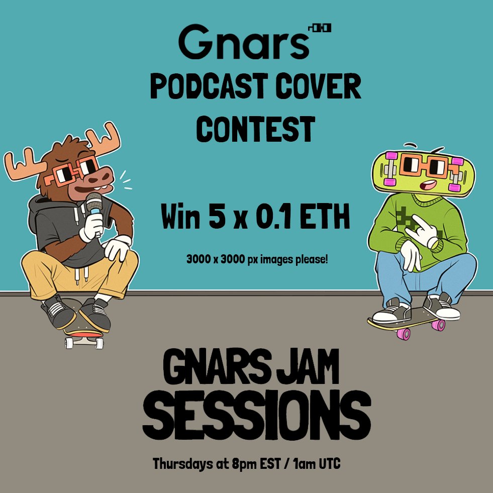 GNARTWORK Contest 🎉

Design a Gnarly Podcast Cover for our Gnars Jam Session Podcast 

QT this tweet to submit your entry and top 5 entries will win 0.1 ETH each. Contest Runs from 8/12 to 12/12 this Month.

Listen to Podcast: gnars.com/podcast