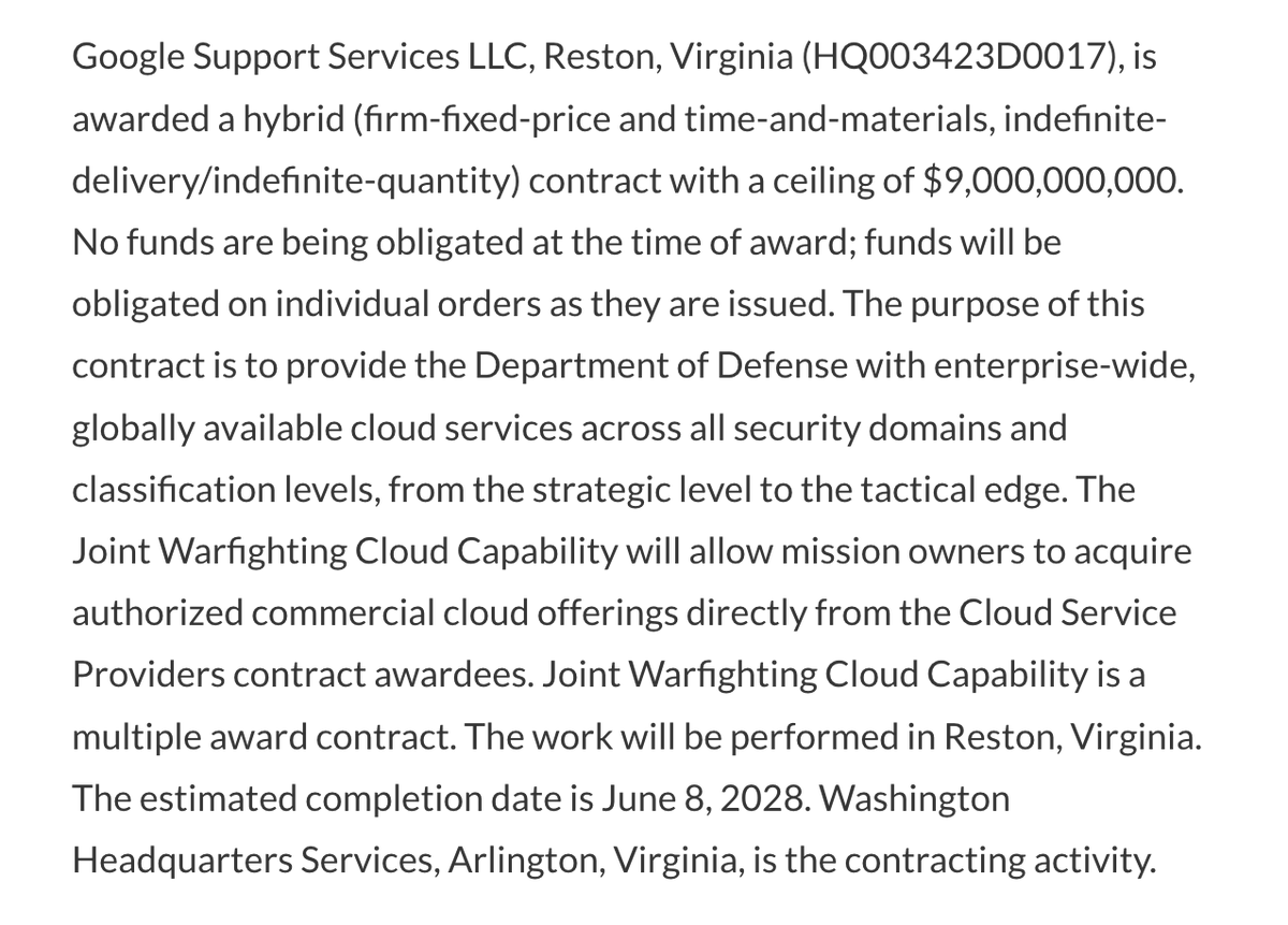JUST IN: Google $GOOGL, Amazon Web Services $AMZN, Microsoft $MSFT and Oracle $ORCL were all just awarded contracts with the US Department of Defense with a ceiling value of $9 Billion