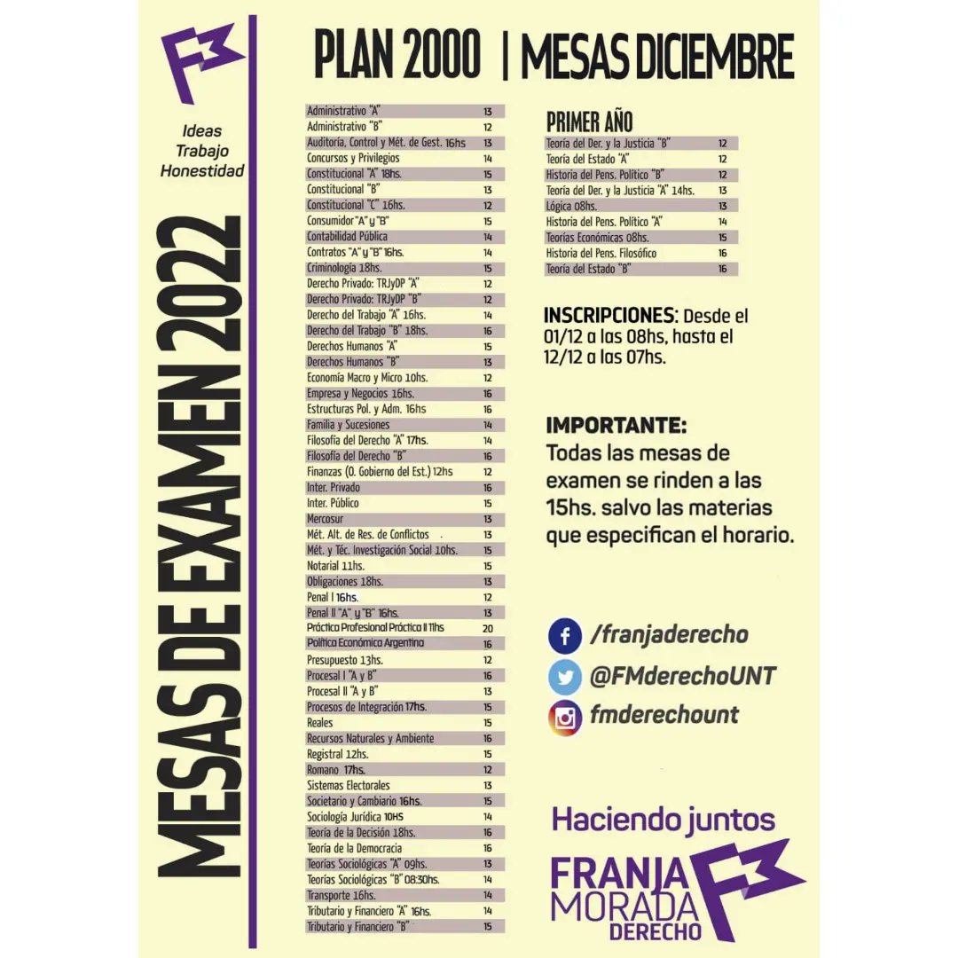 FMDerechoUNT's tweet photo. MESAS ORDINARIAS DICIEMBRE - PLAN 2000 Y 2018

Te recordamos que hasta el día 12/12 a las 08hs, estarán habilitadas las inscripciones para rendir en las mesas de diciembre!

⚠️ Te informamos que las siguientes materias, modificaron sus fechas de examen:
👇 https://t.co/Bw4AxT0ssh