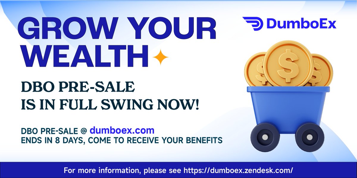 🥳DBO pre-sale is in full swing. Participate in the pre-sale to receive your generous benefits!!

🌟Follow us and check on our site to get more information about the DBO benefits on dumboex.zendesk.com/hc/en-ca

#DumboEx #DBO #defichain  #cryptocurrency #EARLYBIRD
