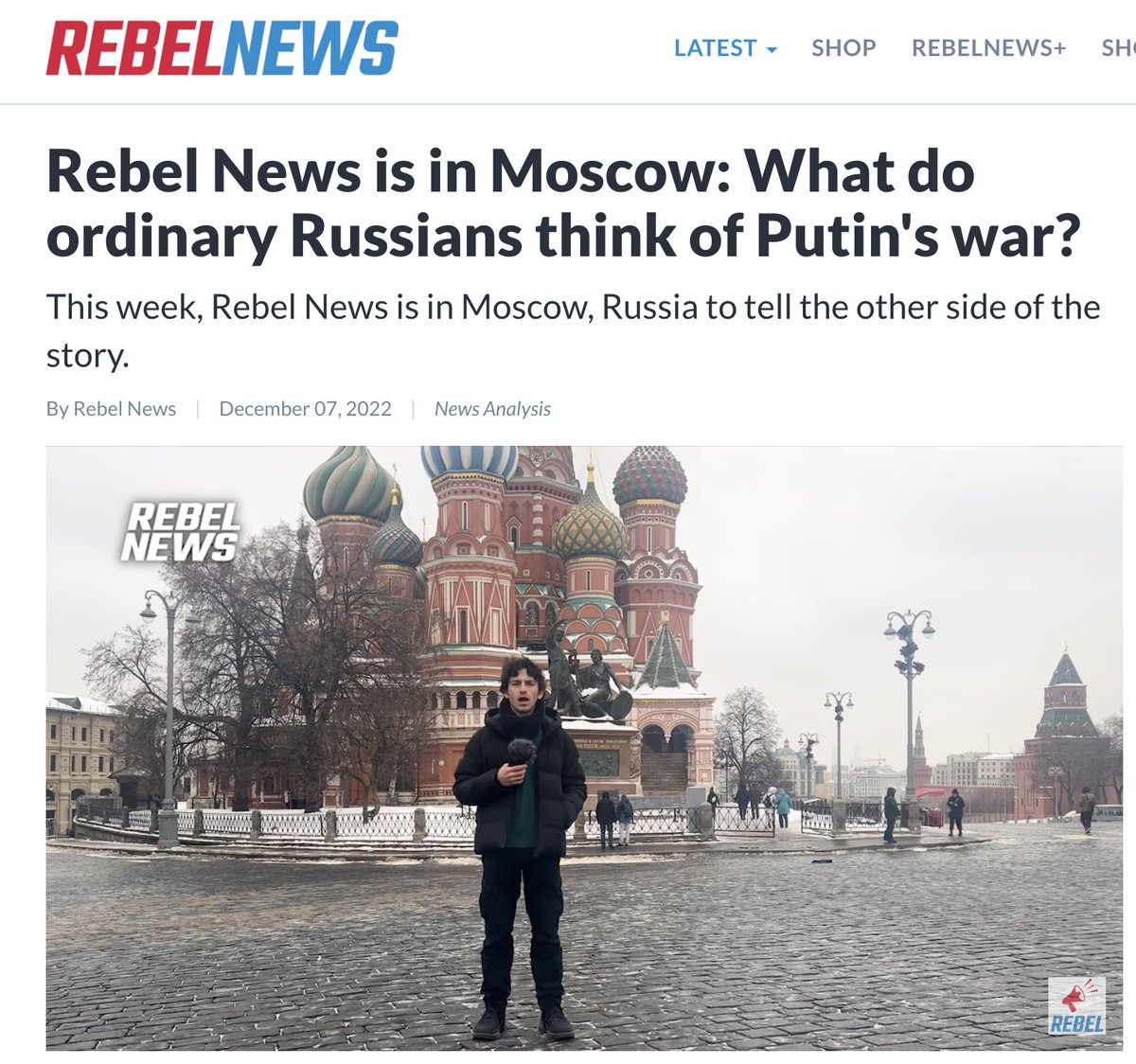 Right-wing conspiracy media outlet Rebel News has sent a crew to Moscow, where it apparently intends on speaking to "Ukrainians, Russians, soldiers, veterans, professors and others to tell the other side of the story."

Their correspondent? A former producer for Russia Today.