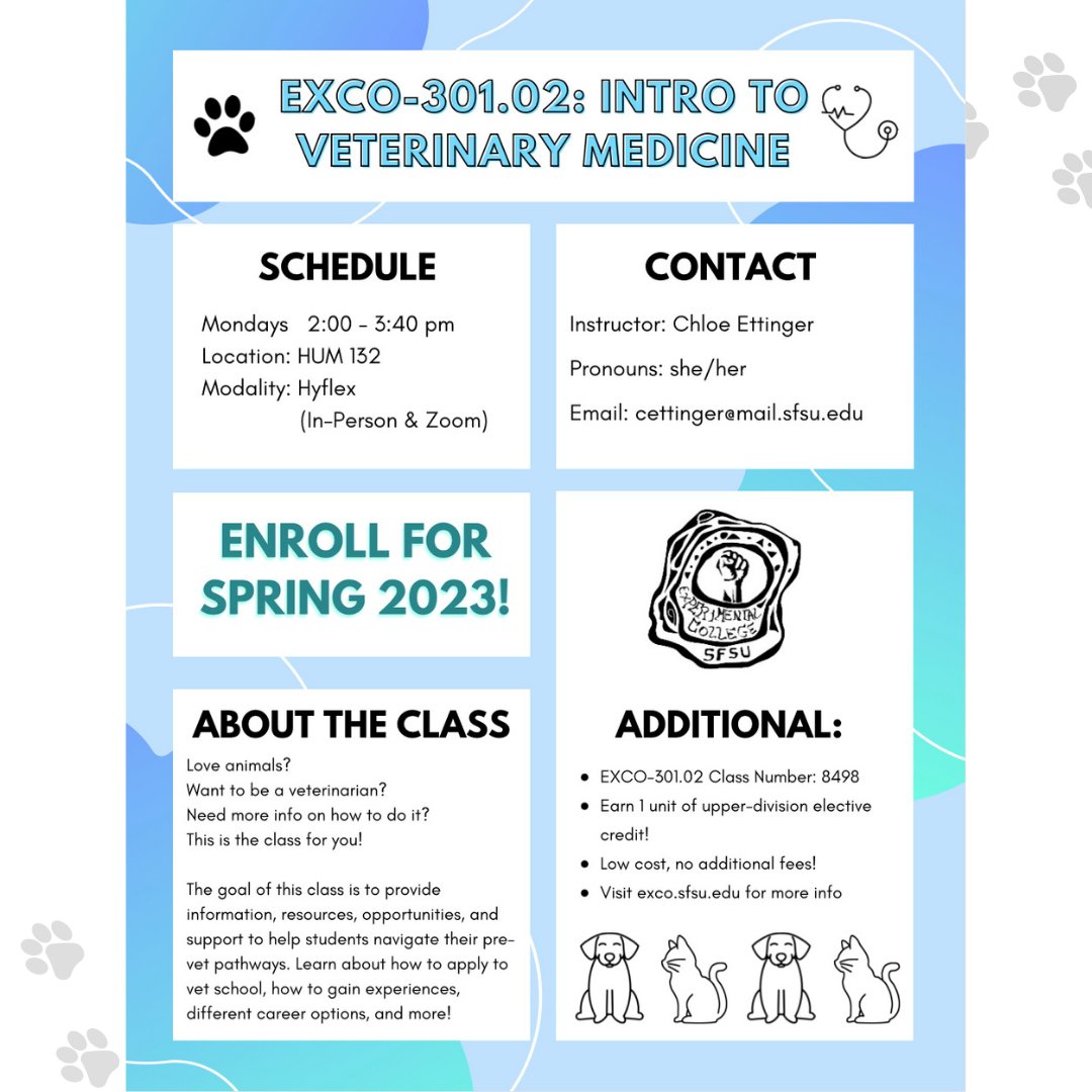 SFStateEXCO's tweet photo. ✨Teacher Spotlight✨

Meet Chloe Ettinger! She will be teaching Intro to Veterinary Medicine during Spring 2023. Swipe to learn more about who she is and why you should take her class. 🐕

#sfstateexco #sfstate #sfsu #sfsustudentlife #sfsugators #sfsu23 #sfsu24 #sfsu25 #sfsu26 https://t.co/XxLyOMPe3x