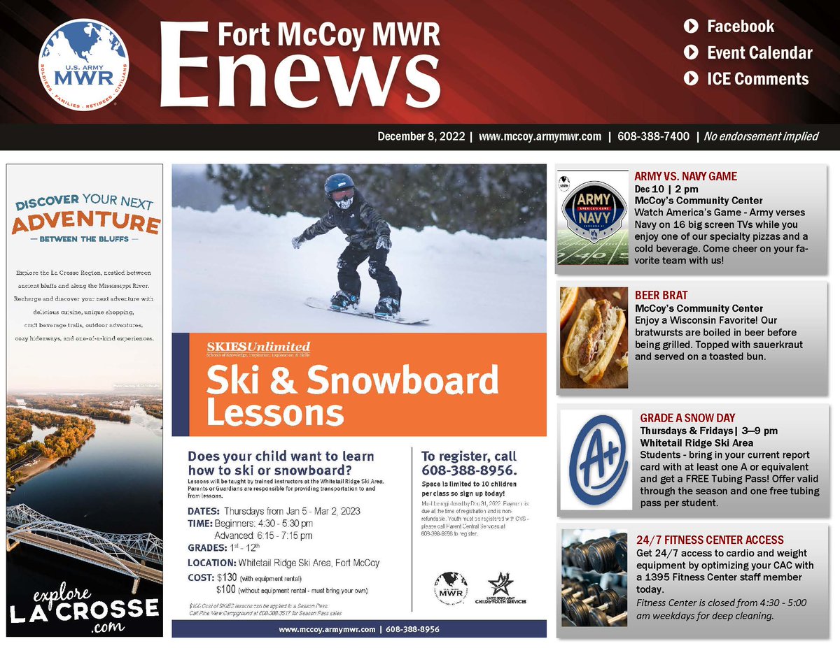 FortMcCoyMWR's tweet photo. Here's the link to the latest edition of Fort McCoy MWR eNews https://t.co/ydaImadOuu #FortMcCoyMWR @USAGMcCoy @86thD @181MFTB @88RDBlueDevils @McCoyExchange @FtMcCoyCPAC #eNews #QualityOfLifePrograms #SoldiersFamiliesRetireesCivilians #FortMcCoyWI https://t.co/WmPFRu5VEb