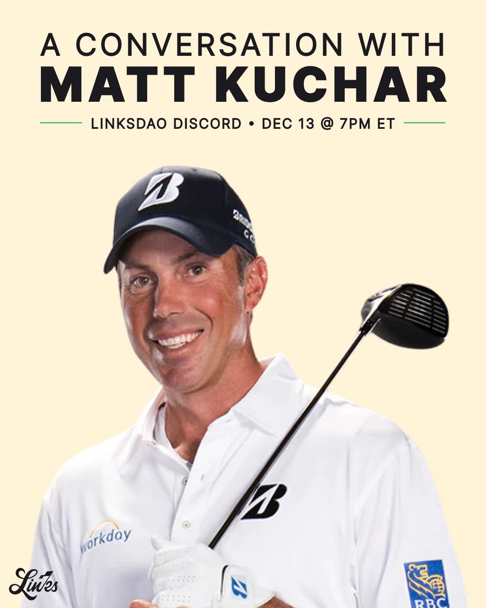 Links Golf Club (@linksdao) on Twitter photo Nine-time PGA tour winner Matt Kuchar and <a href="/bridgestonegolf/">Bridgestone Golf</a> are joining us in our Discord next Tuesday, December 13th at 7pm ET! We'll talk all things golf and his experiences on tour. Join our Discord to not miss out: discord.gg/LinksDAO ⛳️ Nine-time PGA tour winner Matt Kuchar and <a href="/bridgestonegolf/">Bridgestone Golf</a> are joining us in our Discord next Tuesday, December 13th at 7pm ET! We'll talk all things golf and his experiences on tour. Join our Discord to not miss out: discord.gg/LinksDAO ⛳️
