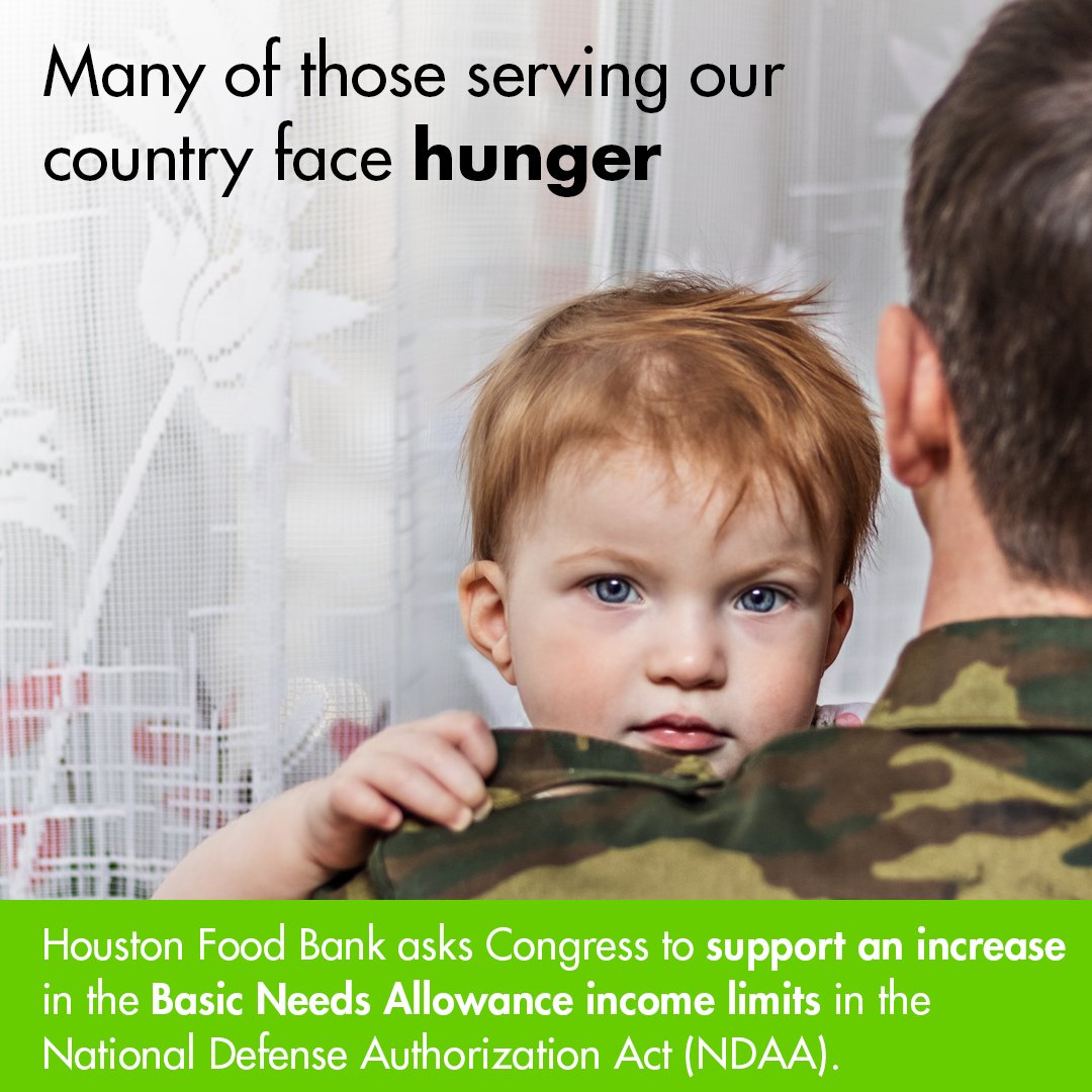 HoustonFoodBank's tweet photo. Our troops should not face food insecurity. We ask #Congress to support an increase in the #BasicNeedsAllowance income limits in the National Defense Authorization Act #NDAA #ChangeForBetterLives https://t.co/Na7PlhDi8P