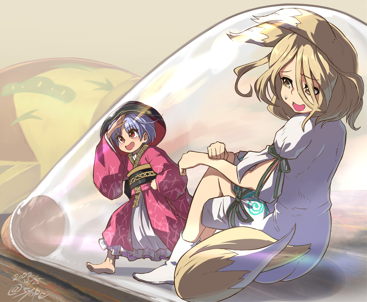 kudamaki tsukasa ,sukuna shinmyoumaru multiple girls 2girls fox tail fox ears bowl animal ears tail  illustration images