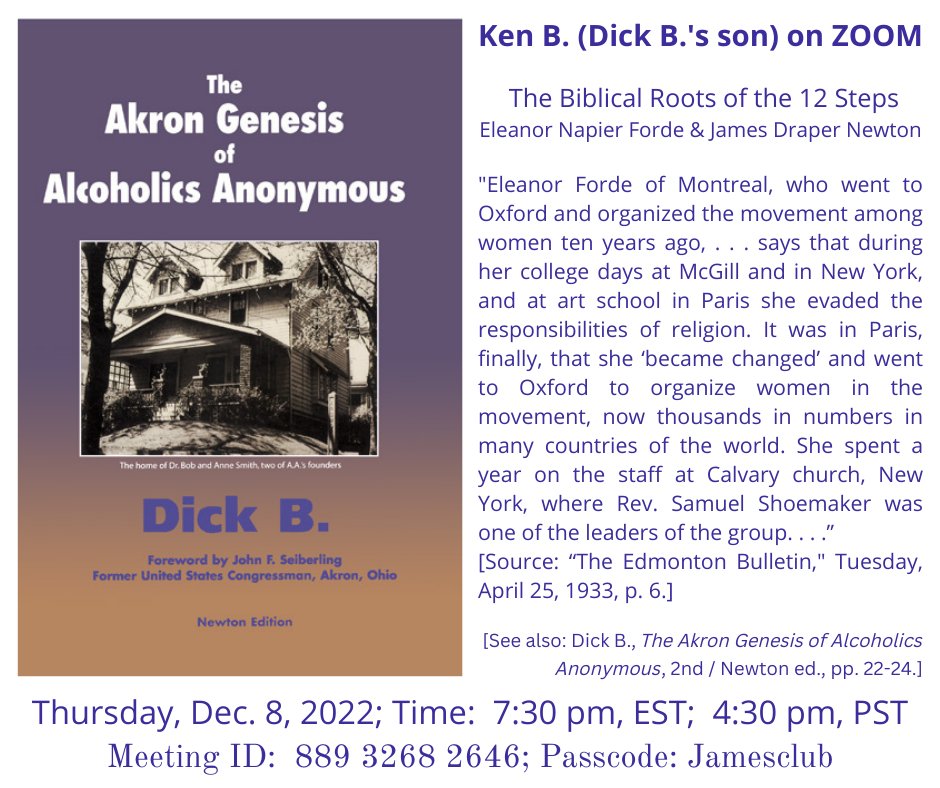DickB_Maui's tweet photo. Aloha! Ken B. (Dick B.'s son) here. Please join us via ZOOM tomorrow night (Thursday, December 8) at 7:30 pm, EST; 4:30 pm, PST; for another Session of "The Biblical Roots of the 12 Steps": https://t.co/4sPxkN5dLB https://t.co/7BRnFRlhDp