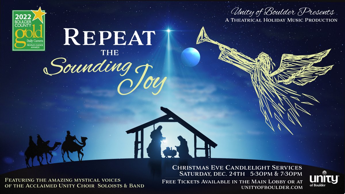 UnityBoulder's tweet photo. Christmas Eve Candlelight Services
'Repeat the Sounding Joy' 
A Musical Holiday Production
December 24th at 5:30 &amp; 7:30pm

FREE TICKETS AVAILABLE HERE:
https://t.co/9AfR90KV44

#unity #unityboulder #christmasinboulder #boulderchristmas #coloradochristmas #christmasmusical https://t.co/UIOHYIse1O