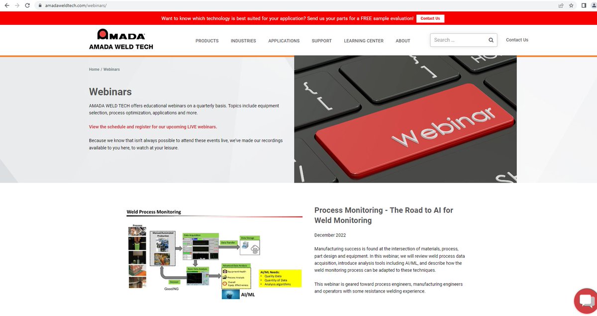 AMADAWELDTECH's tweet image. Part 3 of our Process Monitoring: The Road to A.I. for Welding Monitoring webinar is NOW AVAILABLE on-demand! Check out all of our #WebinarsOnDemand - We offer educational and fundamental webinars on our technologies.
#ProcessMonitoring #WeldMonitoring 
bit.ly/3P6PzZH
