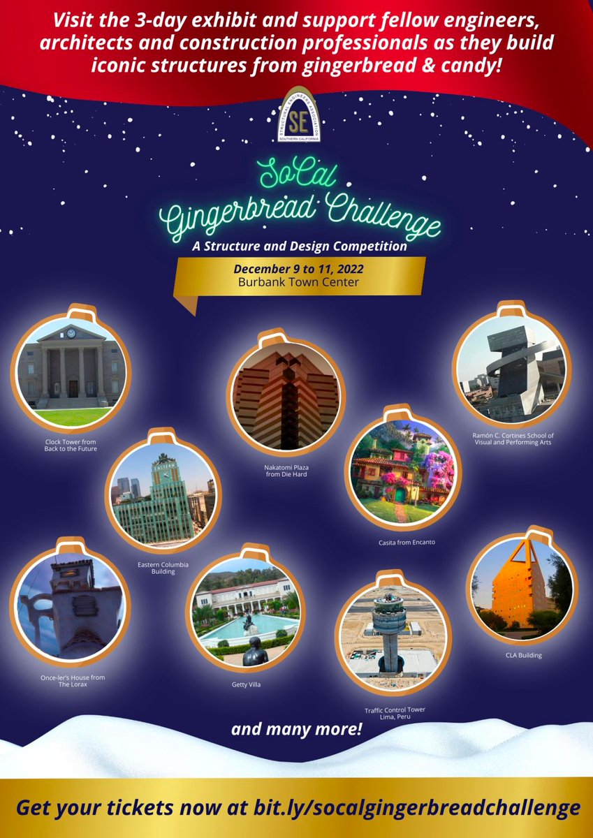 This season, see #iconicmovie #structures built out of #gingerbread in the #MediaCapital of the World! See structures like #NakatomiPlaza from #DieHard, #Casita from #Encanto, and the #ClockTower from Back to the Future.