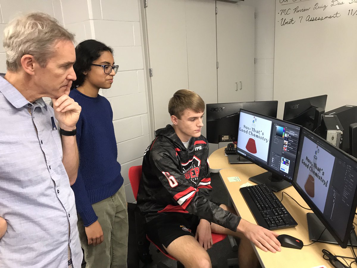 KimR_ART's tweet photo. Graphic Design &amp; Digital Art I students get real-world design experience from clients, Coach Savage &amp; Mr. Millard who needed a logo for their new Chemistry podcast. Ideas were pitched, students came up with designs, then met with clients for revisions. #IHPromise @IHHSPrincipal https://t.co/5qt1kTkbwI