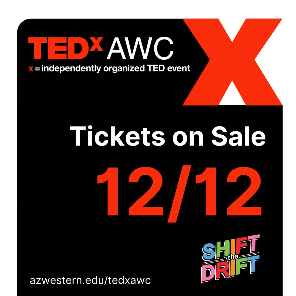 TEDxAWC's tweet photo. Save the date! Tickets for Shift the Drift, the inaugural TEDxAWC event will go on sale December 12th!

TEDxAWC is happening Fri, March 17,  4-6PM in the AWC Theater. General admission is $45 and tickets will be available for purchase online. https://t.co/IDiw5H8Ugf