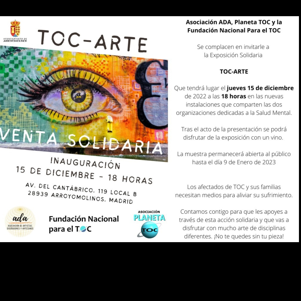 Planeta_toc's tweet image. Tengo el gusto y la ilusión de invitaros a esta fascinante exposición junto a Ayto de Arroyomolinos, asc. ADA, Planeta TOC y Fundación Nacional para el TOC esperamos que disfrutes y no te queda sin tu pieza.
Arte multidisciplinar, joyería y artesanía
@Arroyomolinos
@AsociacionADA