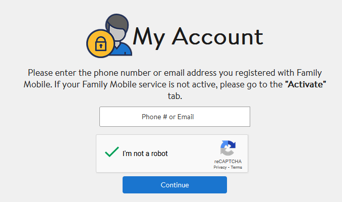 Lyscir's tweet photo. @FamilyMobile this is where i get stuck (removed my number for privacy) it just does nothing after i put in my number and do the captcha, it just sits there, no loading animation, nothing. been going for a week after i paid my bill. https://t.co/U2H4bUp1LR