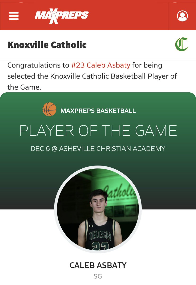 Caleb Asbaty was named the Knoxville Catholic Basketball Player of the Game. t.maxpreps.com/3BiPtZ9 via <a href="/MaxPreps/">MaxPreps</a>