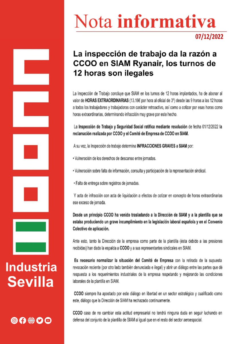 🔴 La inspección de trabajo da la razón a CCOO en SIAM Ryanair✈️, los turnos de 12h. son ilegales‼️#LaRinconada
 
✅ HORAS EXTRAORDINARIAS desde las 9h. a las 12h. con carácter retroactivo y Cotizadas.

⚠️Inspección de trabajo determina infracciones graves a SIAM.

👉+ info.⬇️