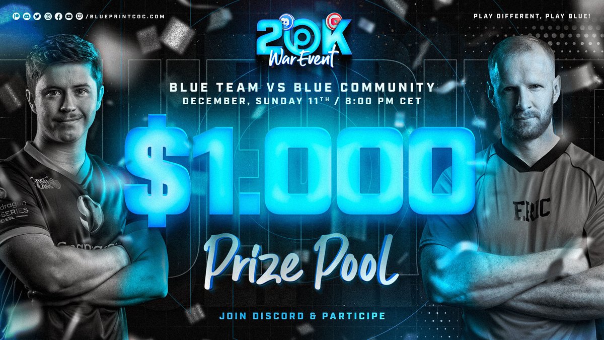 Hey everyone! It's time to celebrate the 20k on YouTube &amp; Discord! 🤩

We want to give something back to our awesome supporters! 🥰

20k Blueprint CoC Event! 🥳

10 of YOU have the chance to play against the best players in the world! 🔥

▶ For more info: discord.gg/Blueprint