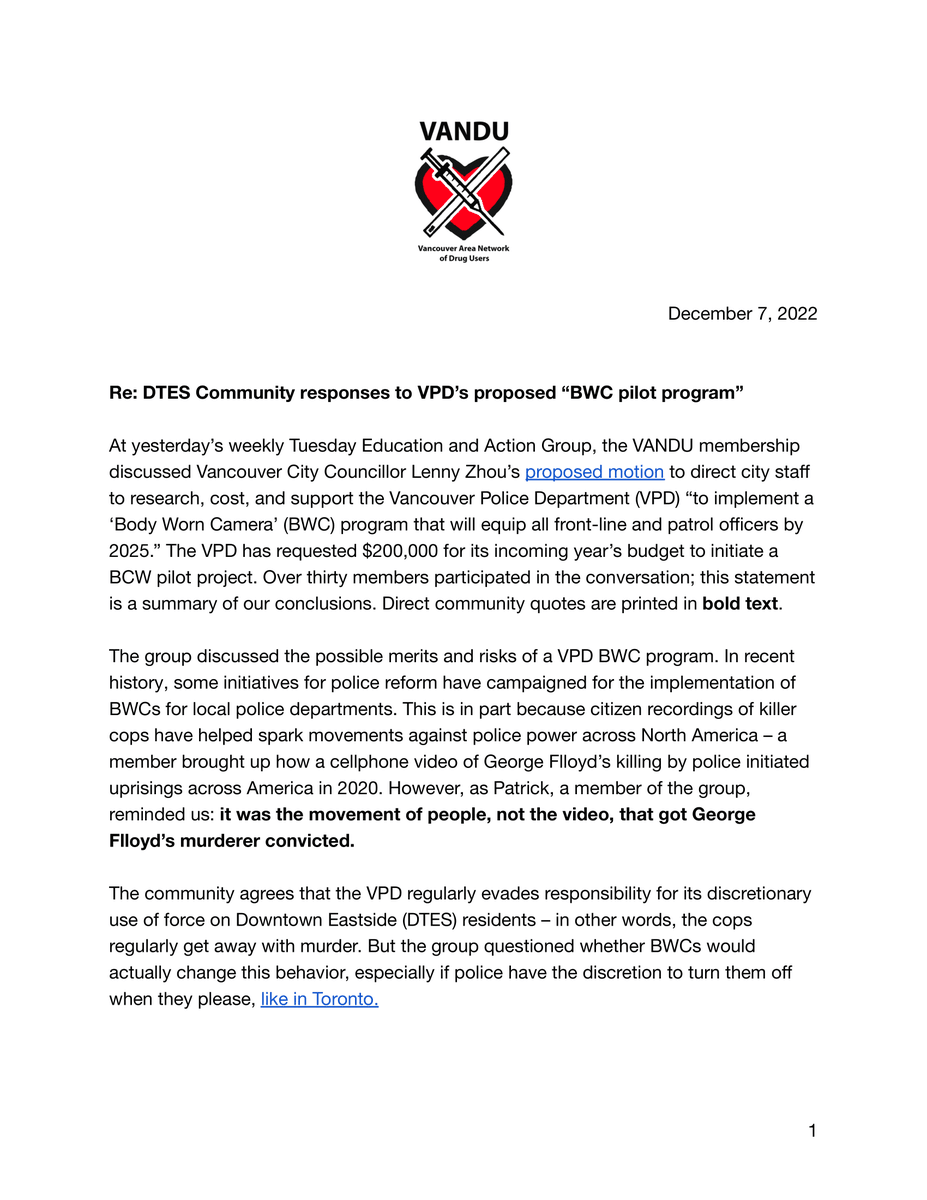 VANDUpeople's tweet photo. VANDU Tuesday Education &amp; Action Group met yesterday to discuss @LennyNanZhou's motion at City Council to arm @VancouverPD with body cams (BWCs). The VPD are asking for $200k to pilot the program.

Here's what the membership had to say.

Full statement:
https://t.co/9NassHCaIt https://t.co/NjXWcaLIzC