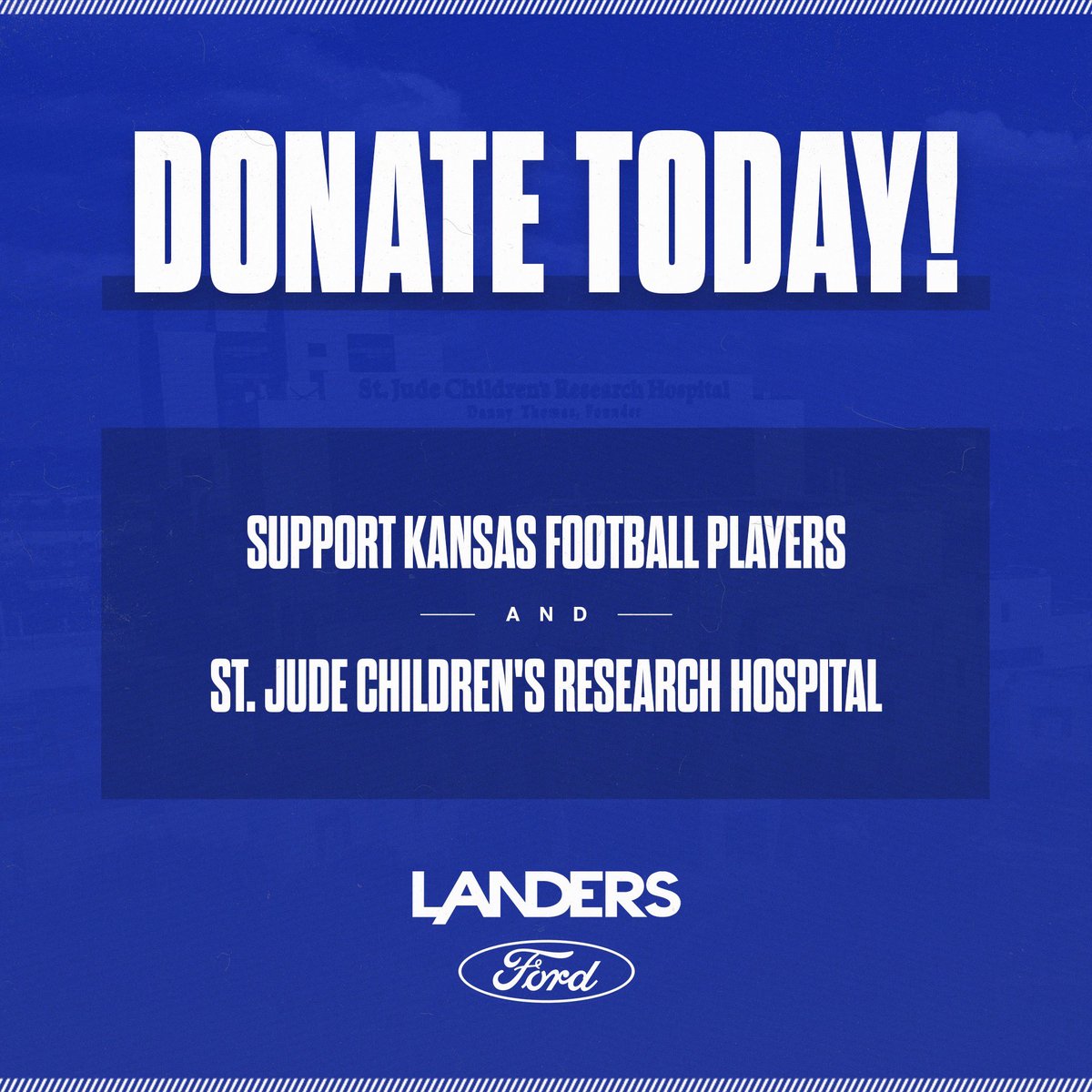 Jayhawk Fans! Memphis is the home of St. Jude Children’s Research Hospital. Link below to donate - half the money raised going to <a href="/StJude/">St. Jude</a> and half to Kansas Football players supporting this campaign! Special thanks to <a href="/LandersFord/">Landers Ford</a> for the support! bit.ly/donateku