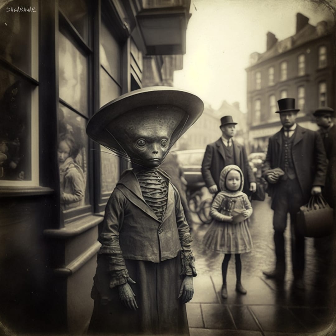 Steampunk_T's tweet photo. 1/2 Alien migrants in 1800s London by Brian Craddock (AI) https://t.co/blcn6ZdYxu