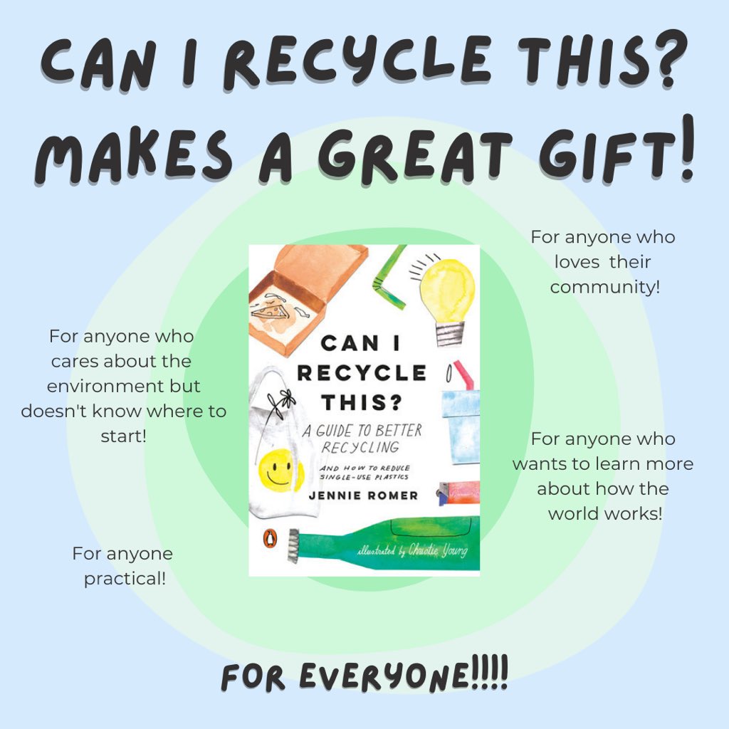cirtbook's tweet photo. The holidays are rapidly approaching! Make anyone in your life happy with the gift of Can I Recycle This? by Jennie Romer!

Extra tip: Not all wrapping paper is recyclable. Try using newspaper or cloth instead!

#recycling #zerowaste #sustainability #canirecyclethisbook #cirtbook https://t.co/cCEhVoNlMC
