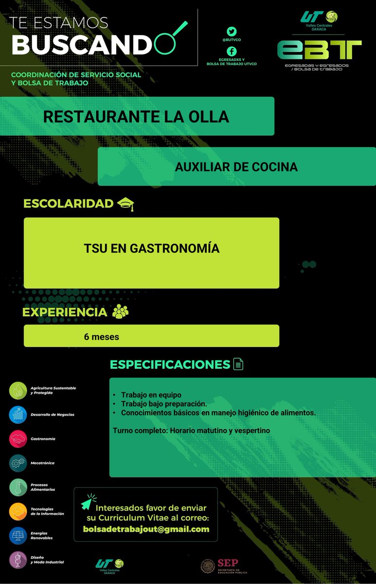 BUtvco's tweet photo. En Restaurante La Olla te estamos buscando. 
🔹Trabajo en equipo
🔹Trabajo bajo preparación
🔹Conocimiento básico en manejo higiénico de alimentos
✍ Interesados mandar su C.V. a 
✅bolsadetrabajout@gmail.com
@gastroutvco 👩‍🍳🧑‍🍳
@utvco https://t.co/LfLXbSFWry