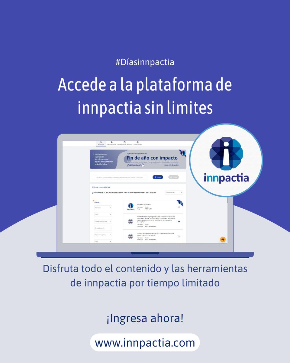 #Díasinnpactia | ¡Abrimos nuestra plataforma de innpactia! Descubre tu oportunidad ideal y empieza con toda el 2023 innpactia.com

#Hagamosquesuceda🚀