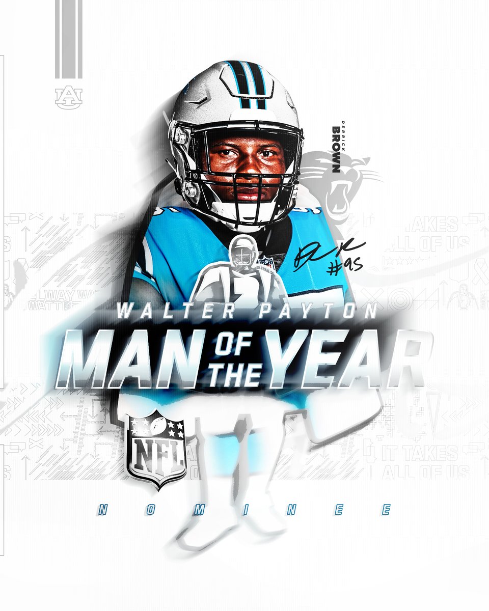 AuburnFootball's tweet photo. Derrick Brown: a TRUE Auburn man &amp; the @Panthers 2022 𝗪𝗮𝗹𝘁𝗲𝗿 𝗣𝗮𝘆𝘁𝗼𝗻 𝗠𝗮𝗻 𝗼𝗳 𝘁𝗵𝗲 𝗬𝗲𝗮𝗿 nominee!!

Auburn Family, DB needs us! Tweet/Retweet #WPMOYChallenge + @DerrickBrownAU5 to help him win an extra $25,000 for his charity! https://t.co/qCNpm6zHcx