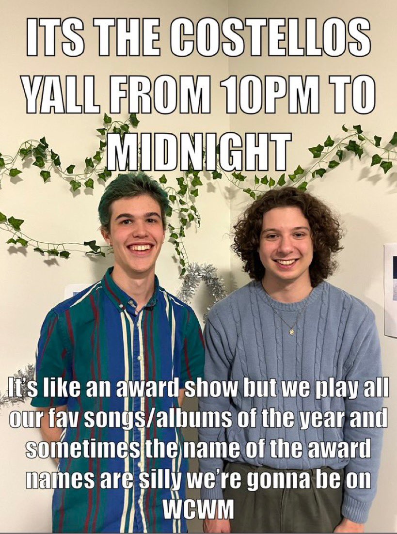 dietz (@johndbdietz) on Twitter photo THE SECOND ANNUAL COSTELLO AWARD ARE TONIGHT ON <a href="/WCWM/">WCWM 90.9 FM</a>! FEATURING OUR FAVORITE SONGS OF THE YEAR FROM <a href="/skyler_outlier/">sky</a> <a href="/pictoriavark/">pictoria vark</a> @morganfaepilled <a href="/Sh33trock/">Sheetrock</a> <a href="/join_zeta/">Zeta</a> <a href="/spectratio/">spectratio</a> <a href="/materialgirlrap/">🇵🇸 MATERIAL GIRL 🇵🇸</a> AND MORE THE SECOND ANNUAL COSTELLO AWARD ARE TONIGHT ON <a href="/WCWM/">WCWM 90.9 FM</a>! FEATURING OUR FAVORITE SONGS OF THE YEAR FROM <a href="/skyler_outlier/">sky</a> <a href="/pictoriavark/">pictoria vark</a> @morganfaepilled <a href="/Sh33trock/">Sheetrock</a> <a href="/join_zeta/">Zeta</a> <a href="/spectratio/">spectratio</a> <a href="/materialgirlrap/">🇵🇸 MATERIAL GIRL 🇵🇸</a> AND MORE