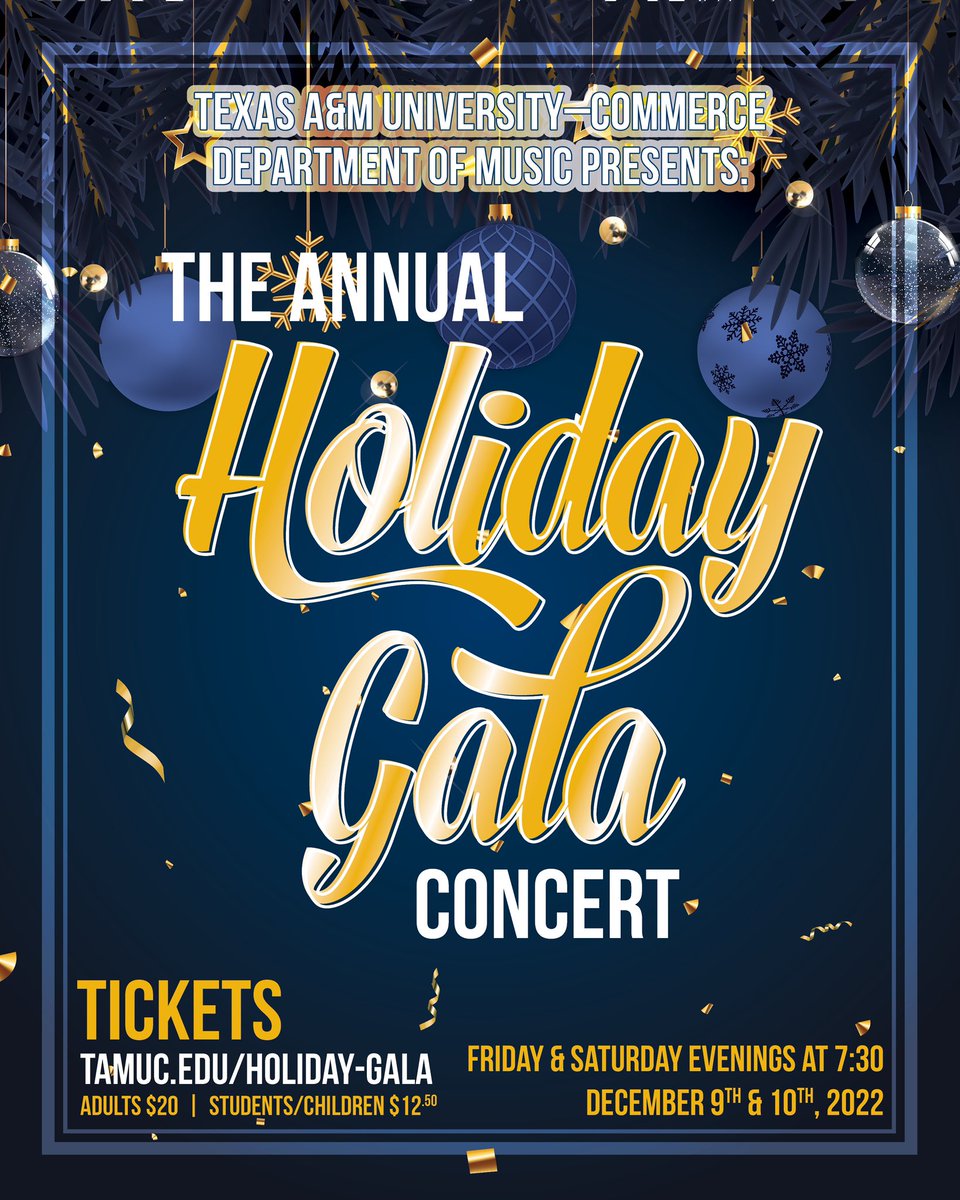 As of this afternoon, Friday evening’s performance is SOLD OUT.  If you need to purchase tickets, there are still plenty of seats available Saturday evening. 

tamuc.edu/holiday-gala/