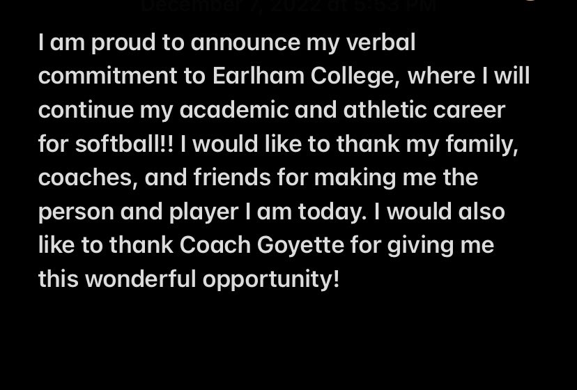 Malaya Tanglao (@malayatanglao) on Twitter photo I am excited to announce my verbal commitment to Earlham College, where I will continue my academic and athletic career for softball!!
Go Quakers!! <a href="/strike3_next/">Stacey Goyette</a> <a href="/Quaker_softball/">Earlham College Softball</a> I am excited to announce my verbal commitment to Earlham College, where I will continue my academic and athletic career for softball!!
Go Quakers!! <a href="/strike3_next/">Stacey Goyette</a> <a href="/Quaker_softball/">Earlham College Softball</a>