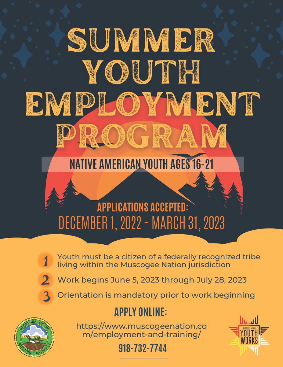 Summer Youth Employment Program's applications have opened! If you are a Native youth ages 16-21 interested in gaining hands-on experience in the workforce during June and July apply at: muscogeenation.com/employment-and… Info at Employment & Training: 918-732-7744