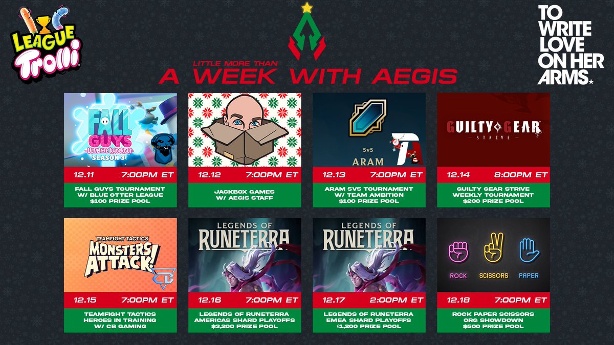 We are proud to announce "A Week With Aegis," Over the next week we will be running events to raise money for the <a href="/TWLOHA/">TWLOHA</a> foundation, bringing awareness and aid to people struggling with depression, addiction, self-injury, and suicide. 

Donation Link: tiltify.com/@aegisesportsg…