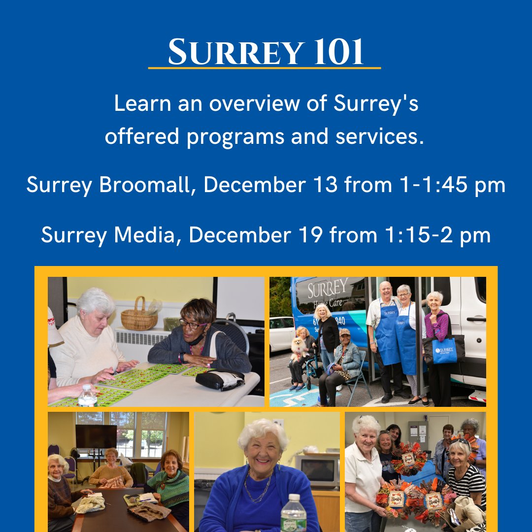 Learn all you need to know about us with Surrey 101! Join us at Surrey Broomall or Surrey Media to get the scoop on all Surrey services, programs, and other ways you or your loved one can be involved with Surrey! 💙
#SurreyServices