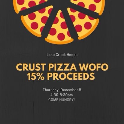 amanda_puckett1's tweet photo. Don’t forget! Have dinner tomorrow evening at Crust Pizza in Woodforest! Tell them you are there to support Lake Creek boys basketball!! See ya there! @LakeCreekHoops @Lions_6th_Man @LakeCreekHS https://t.co/Kmw6QaD4EF