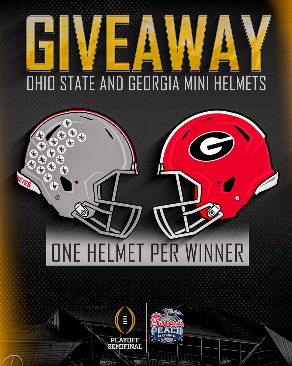 Chick-fil-A Peach Bowl (@cfapeachbowl) on Twitter photo We'll pick one <a href="/OhioStateFB/">Ohio State Football</a> and one <a href="/GeorgiaFootball/">Georgia Football</a> fan to win their team's mini helmet and a 🆓 <a href="/ChickfilA/">Chick-fil-A, Inc.</a> sandwich! 🤤
For a chance to win:
1️⃣ Follow us
2️⃣ Retweet
3️⃣ Reply with who you're cheering for in the #CFAPeachBowl
#GoBucks #GoDawgs We'll pick one <a href="/OhioStateFB/">Ohio State Football</a> and one <a href="/GeorgiaFootball/">Georgia Football</a> fan to win their team's mini helmet and a 🆓 <a href="/ChickfilA/">Chick-fil-A, Inc.</a> sandwich! 🤤
For a chance to win:
1️⃣ Follow us
2️⃣ Retweet
3️⃣ Reply with who you're cheering for in the #CFAPeachBowl
#GoBucks #GoDawgs