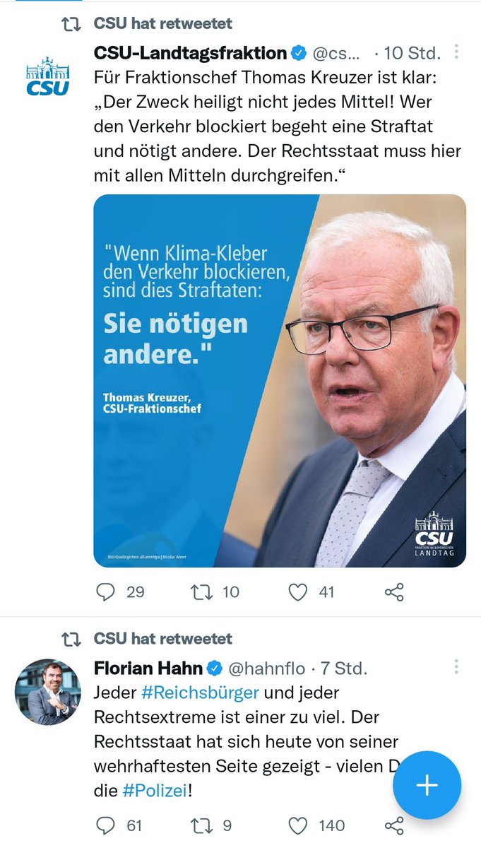 Ein guter Tag für #CDU #CSU um ihre Angst vor extremistischen Tendenzen neu zu eichen. Statt Forderungen nach der vollen Härte des Gesetzes genügt der #Union hier aber nur ein Danke an die Polizei.
#Reichsbuerger #LetzteGeneration