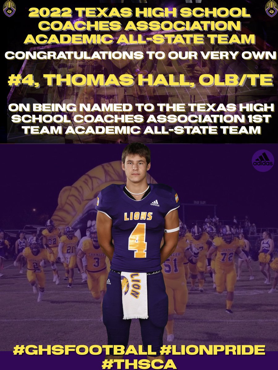 This young man got it done on the field all year long and he also got it done in the classroom big time! Congratulations Senior, Thomas Hall! 

#GHSFootball #WeFightTogether #THSCAAcademicAllState