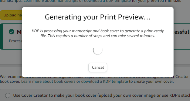 HOCharles's tweet photo. @AmazonKDP Hi. Is there an issue with processing print files tonight? I've uploaded my files four or five times but KDP keeps getting stuck with processing before failing. It's just a very slightly altered iteration of an existing book, so no reason it should fail my end. Ta https://t.co/vGeHo9SIiD