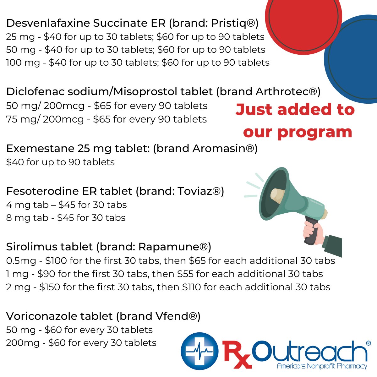RxOutreach's tweet photo. We've added new medications for Rheumatoid Arthritis/Osteoarthritis, Cancer, Depression, Immunosuppression, Overactive Bladder, and Fungal Infections. #Pristiq #Arthrotec #Aromasin #Toviaz #Rapamune #Vfend https://t.co/POiy8fXYUW