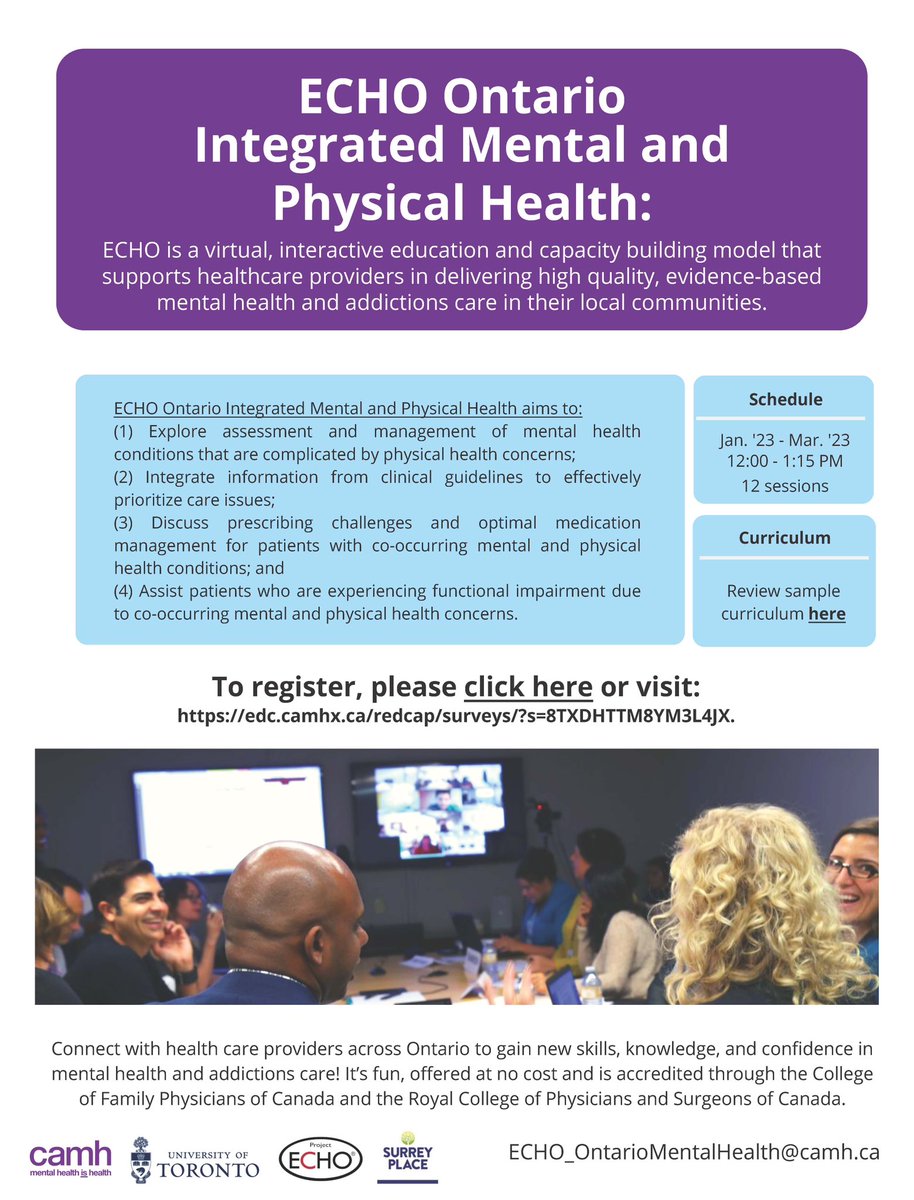 If you are an NP, MD or other healthcare worker searching for no cost training on practical approaches to integrated mental and physical health care, sign up for our upcoming @ECHO_ONMH IMPH. Starts in January! See link👇🏾 @ProjectECHO @OntarioCollege @uoftcpd @camhEdu @UofTPsych