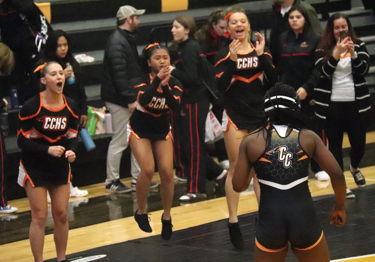 Charles City's cheerleaders applaud after Destiny Kolheim's come-from-behind fall victory in the 170-pound championship bout near the end of Tuesday's Go-Hawk Girls Wrestling Invitational.
…citypress-ia-siteadmin.newsmemory.com/charlescitypre……ing-invitational/